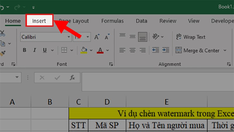 Mở file Excel cần chèn watermark > Chọn tab Insert